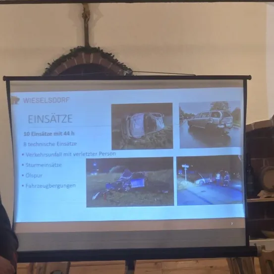 Ein Projektor zeigt ein Bild mit dem Titel Wieselsorf Einsatze, das Unfallszenarien und Statistiken darstellt. Das Bild enthält Fotos von beschädigten Autos und erwähnt 10 Einsätze mit 44 Stunden und 8 technischen Einsätzen.