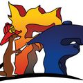 Ein Feuerwehr-Biber in einem roten Hut löscht ein Feuer mit einem Schlauch. Das Feuer ist von einer gelben und roten Flamme umgeben.