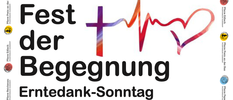 Ein Plakat für 'Fest der Begegnung' am Erntedank-Sonntag mit einem Kreuz und einem Liniendiagramm eines Herzschlags und einem Herzsymbol.