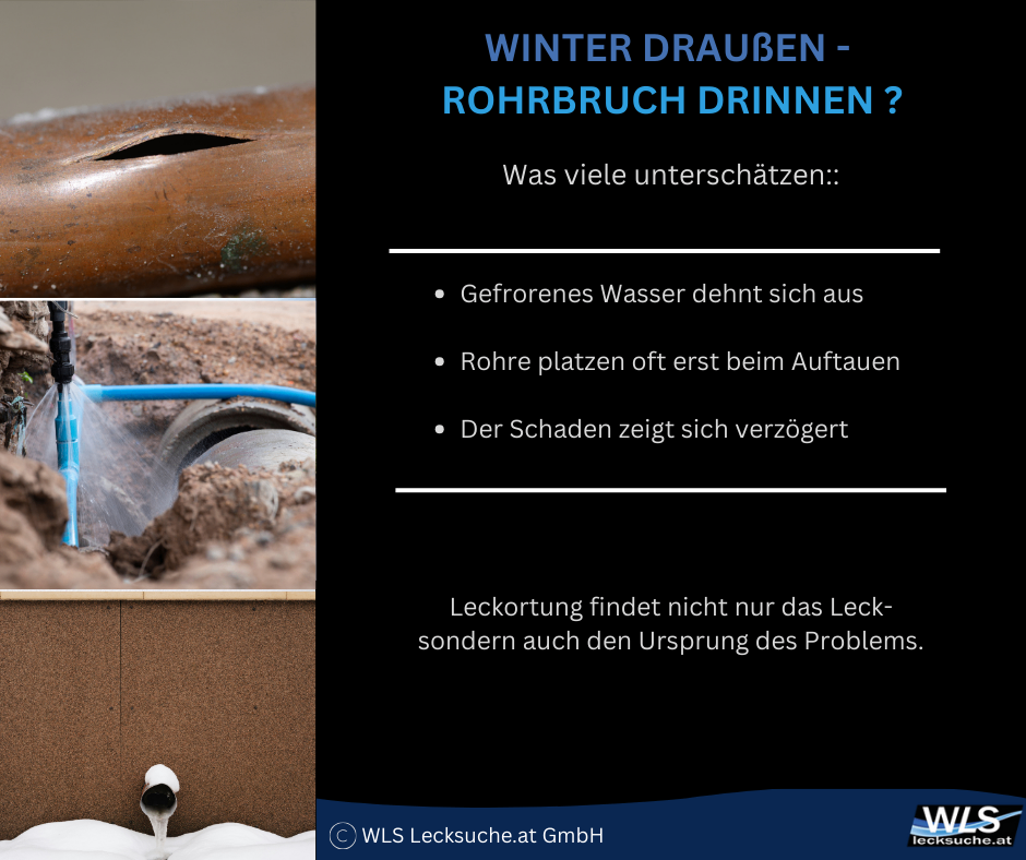 Das Bild zeigt eine beschädigte Leitung mit einem großen Loch. Die Überschrift lautet 'Winterträume - Rohrbruch?' mit Aufzählungspunkten über gefrorenes Wasser, Rohrbrüche und verzögerten Schaden. Der untere Text besagt, dass Leckortung nicht nur das Leck betrifft, sondern auch den Ursprung des Problems.