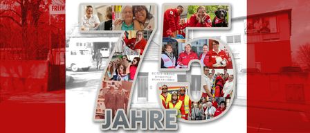 Eine Collage von Bildern, die das 75-jährige Jubiläum von Rotes Kreuz Brunn am Gebirge feiert, mit Freiwilligen in roten Uniformen, einem Hund und verschiedenen Szenen des Gemeinschaftsdienstes.