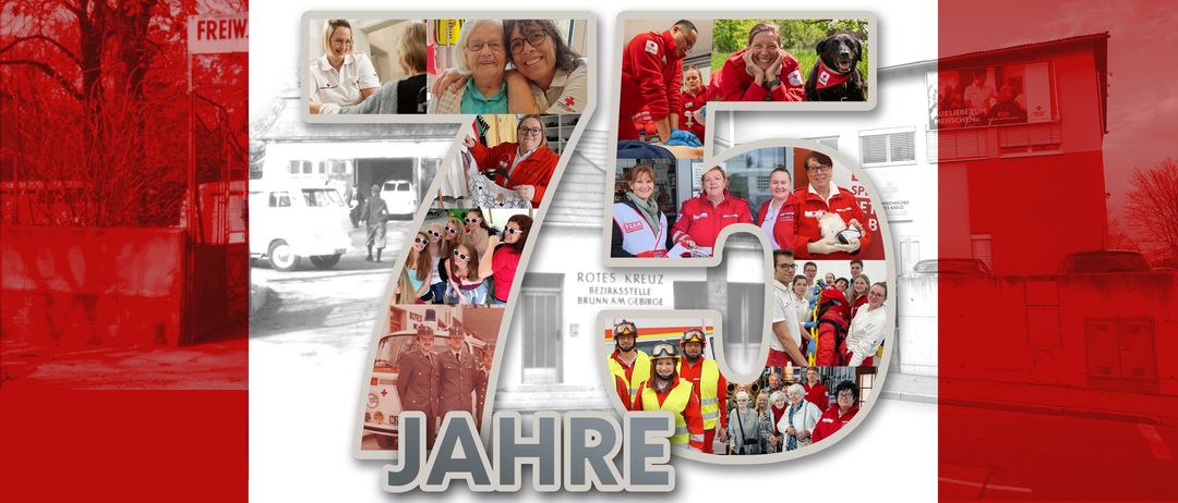 Eine Collage von Bildern, die das 75-jährige Jubiläum von Rotes Kreuz Brunn am Gebirge feiert, mit Freiwilligen in roten Uniformen, einem Hund und verschiedenen Szenen des Gemeinschaftsdienstes.