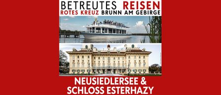 Eine Reiseanzeige für Rotes Kreuz Brunn am Gebirge mit einem Boot auf dem Wasser und einem großen Gebäude im Hintergrund.