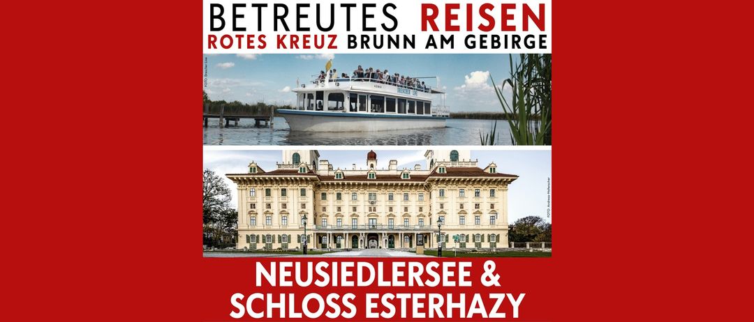 Eine Reiseanzeige für Rotes Kreuz Brunn am Gebirge mit einem Boot auf dem Wasser und einem großen Gebäude im Hintergrund.