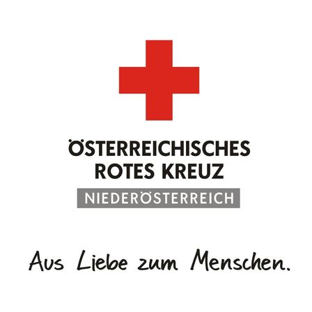 Das Logo des Österreichischen Roten Kreuzes in Niederösterreich, mit einem roten Kreuz und dem Text 'Aus Liebe zum Menschen.'