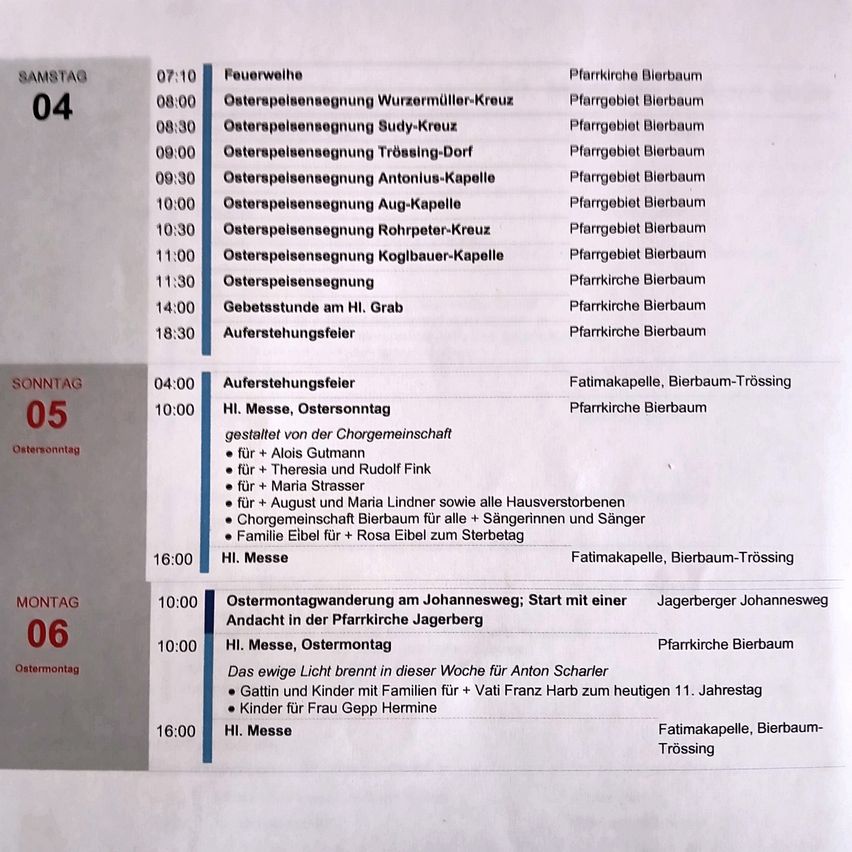 Ein Zeitplan listet Ostergottesdienste an verschiedenen Orten auf, darunter Bierbaum und Wurzenmüller-Kreuz. Der Samstagsplan umfasst mehrere Gottesdienste und einen Sonntagsgottesdienst mit einer Versammlung für Anton Scharler.