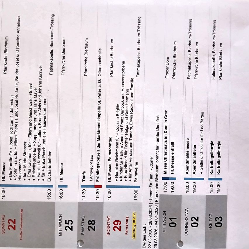 Das Bild zeigt eine Tabelle mit verschiedenen Namen und Zeiten. Es enthält Namen wie E. Kuchta, H. Mess und andere, zusammen mit Zeiten wie 10:00 und 11:30. Die Tabelle hat auch Spalten für verschiedene Wochentage.