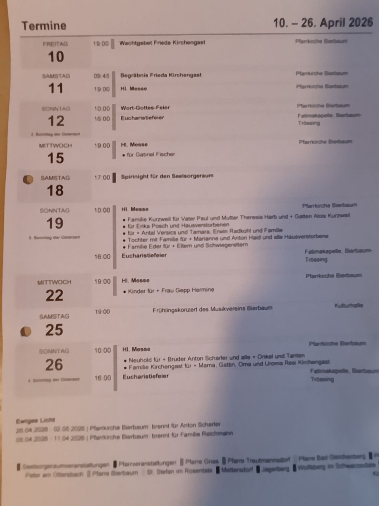 A schedule for church services and events, including burials, masses, and special services. Dates range from March 11 to April 26, with various times and locations.