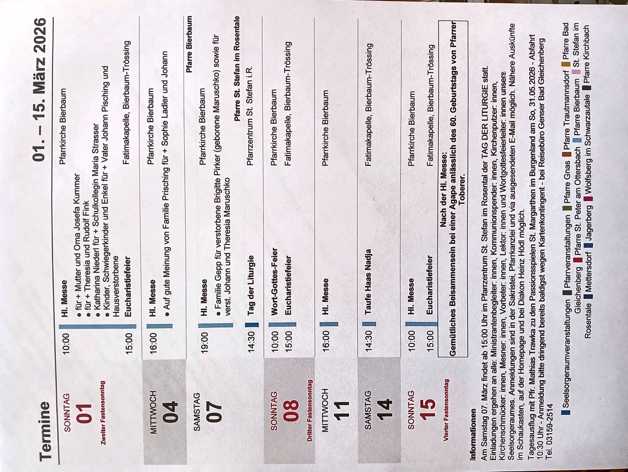 Das Bild ist ein Dokument mit einem Zeitplan für religiöse Gottesdienste. Es listet verschiedene Gottesdienste auf, einschließlich der 'Messe' an verschiedenen Tagen und Zeiten. Das Dokument scheint in einem Tabellenformat organisiert zu sein, mit Spalten für den Wochentag, die Uhrzeit und die Beschreibung des Gottesdienstes.