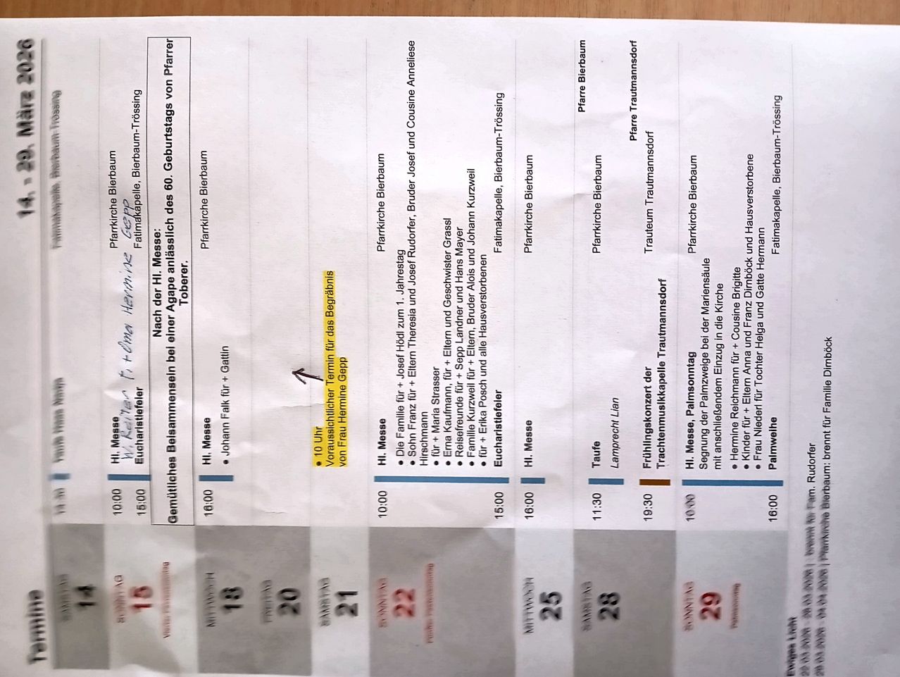 Dokument mit einer Liste von Zeiten und Orten für Messen in verschiedenen Kirchen, einschließlich St. Johann, St. Martin und St. Stephan. Zeiten reichen von 10:00 bis 19:30 Uhr.