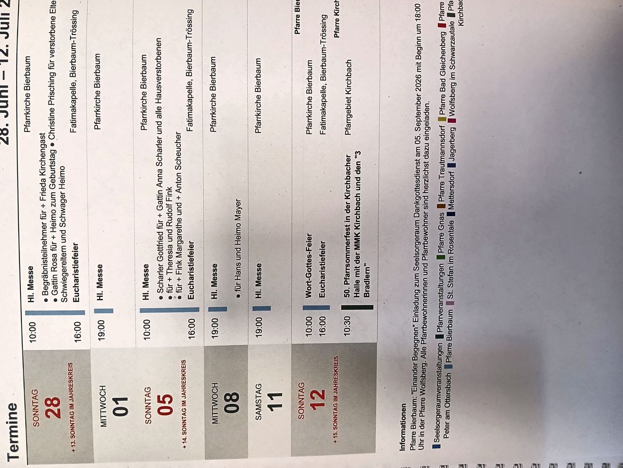 Eine Tabelle mit verschiedenen Kirchenorten und Zeiten für Veranstaltungen, einschließlich Ortsnamen und Daten.