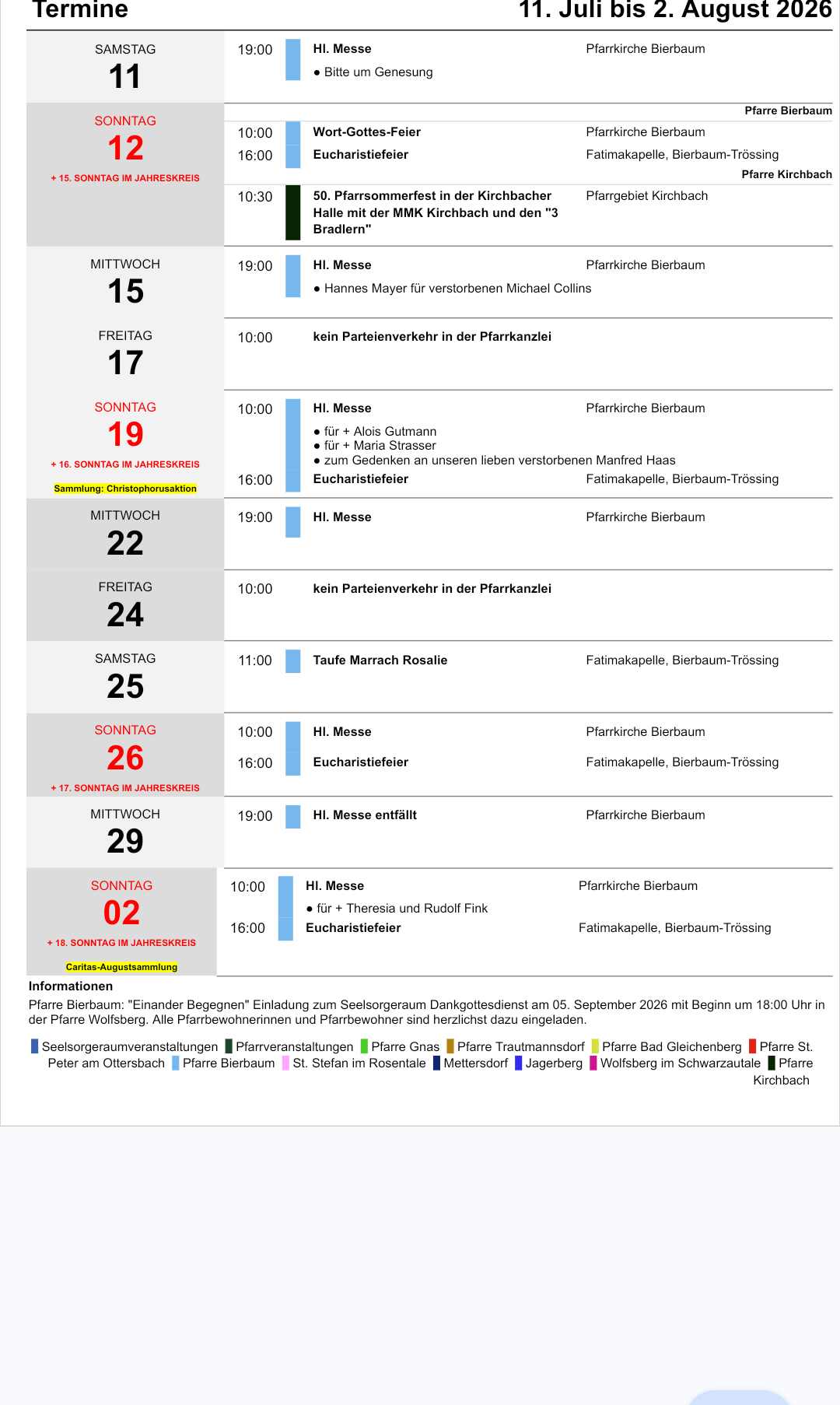 A schedule of church services and events at Pfarrkirche Bierbaum, including masses, eucharist celebrations, and a special gathering on September 5, 2026.