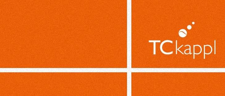 Ein orangefarbener Hintergrund mit weißen Linien und dem weißen Text 'TC kappl' mit einem Tennisball-Symbol.