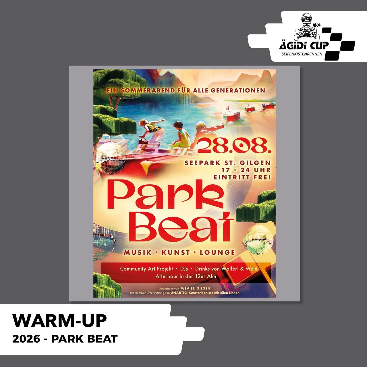 Plakat für Park Beat-Veranstaltung am 28. August mit Strandszene mit Menschen und Booten, Musik, Kunst und Lounge. Freier Eintritt im Seepark St. Gilgen.