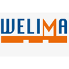 Das Bild zeigt das Logo der Firma Welima. Der Name Welima ist in Blau mit weißer Kontur geschrieben. Eine orange Linie verläuft durch die Mitte der Buchstaben.
