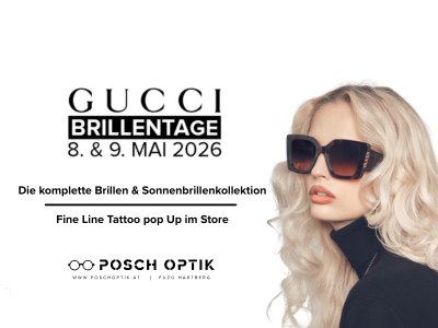 Eine blonde Frau mit Sonnenbrille ist in einer Werbung für Gucci Brillentage zu sehen. Die Veranstaltung findet am 8. und 9. Mai 2026 statt. Die Marke bietet eine komplette Palette von Sonnenbrillen und Sonnenschutzbrillen an.