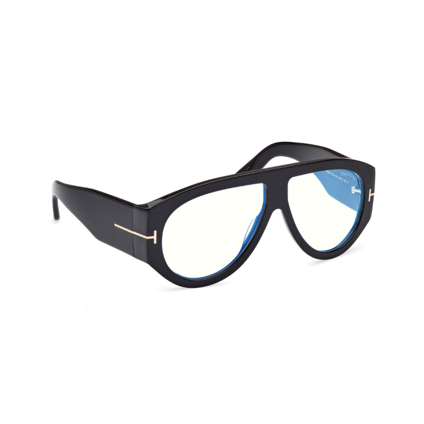 Schwarze und blaue Tom Ford-Sonnenbrille mit einem Rahmen, der ein Logo an der Seite aufweist. Klare Gläser sichtbar.