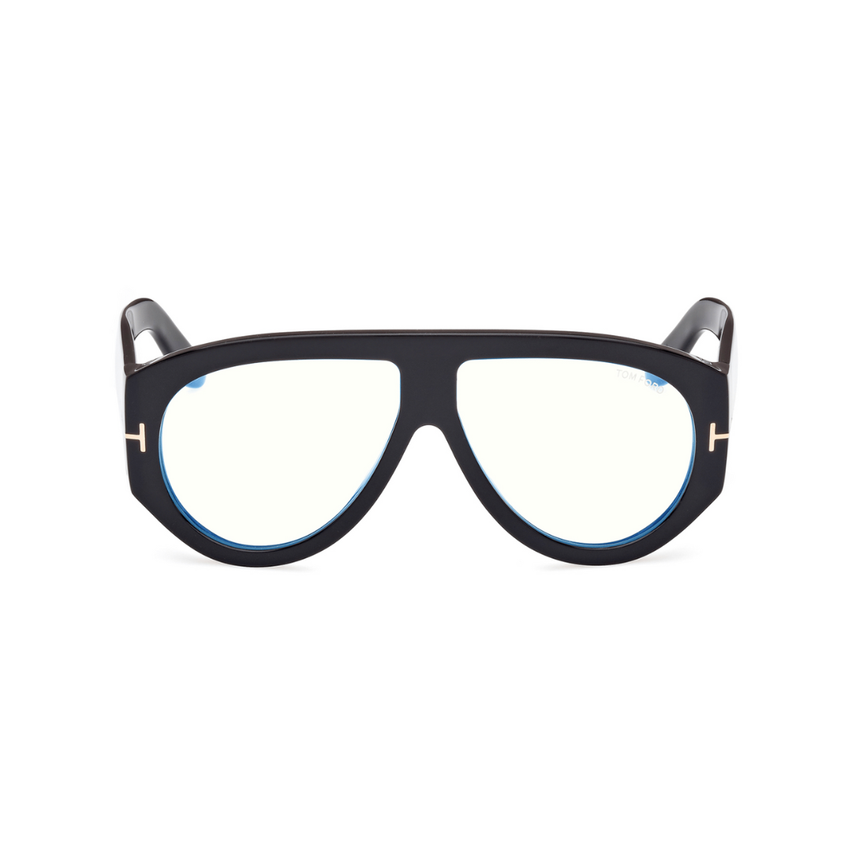 Schwarze Sonnenbrille mit einem kühnen Rahmen und klaren Gläsern. Der Rahmen hat einen blauen Akzent um die Gläser und einen goldenen Buchstaben 'H' auf jeder Seite.