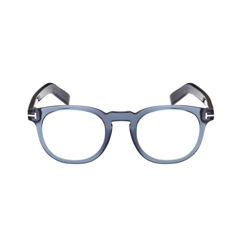 A pair of glasses with a sleek, rectangular frame and clear lenses. The frame is navy blue with black accents.