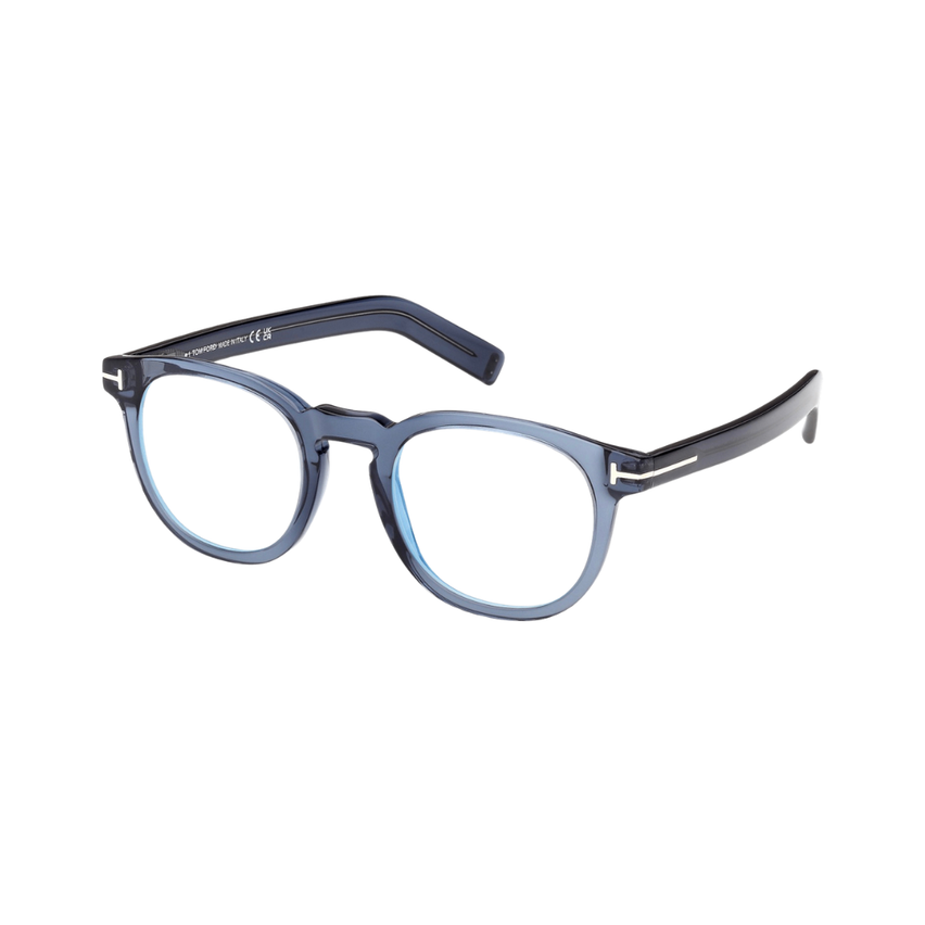 A pair of blue-framed glasses with clear lenses, displayed against a white background.