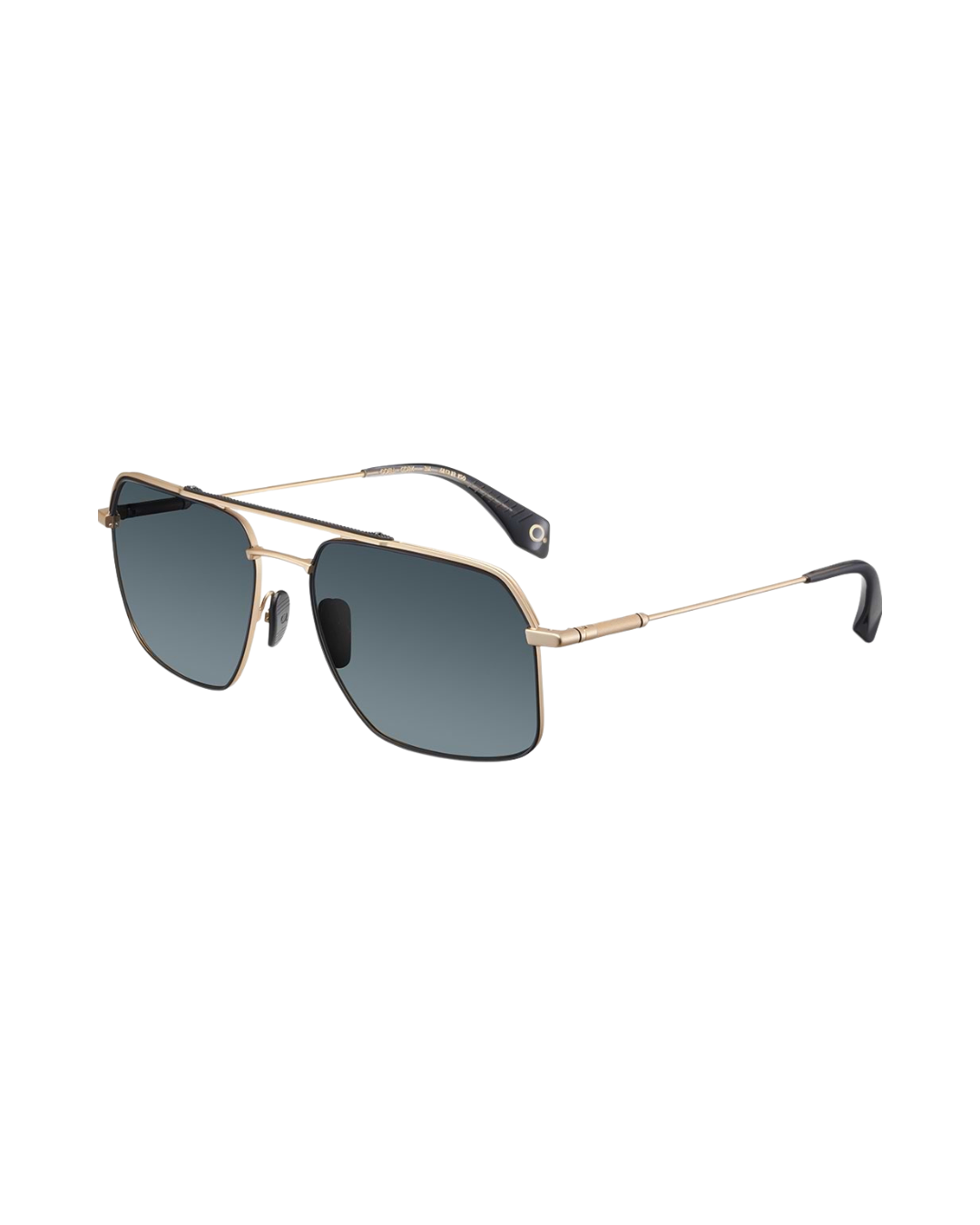 Goldfarbene Pilotensonnenbrille mit schwarzen Gläsern und schwarzen Nasenpolstern. Die Sonnenbrille hat ein schlankes, modernes Design.