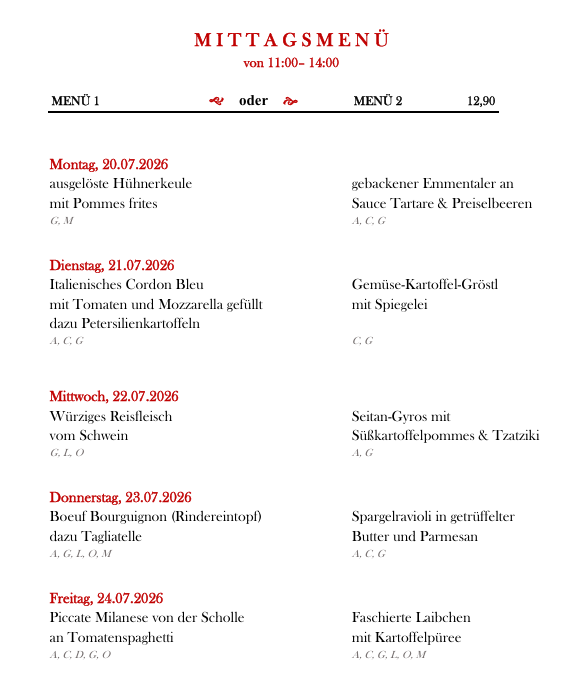 Ein Wochenmenü vom 20. Juli 2026 bis 24. Juli 2026 mit verschiedenen Gerichten für jeden Tag, einschließlich Fleisch, Gemüse und Nudeloptionen.