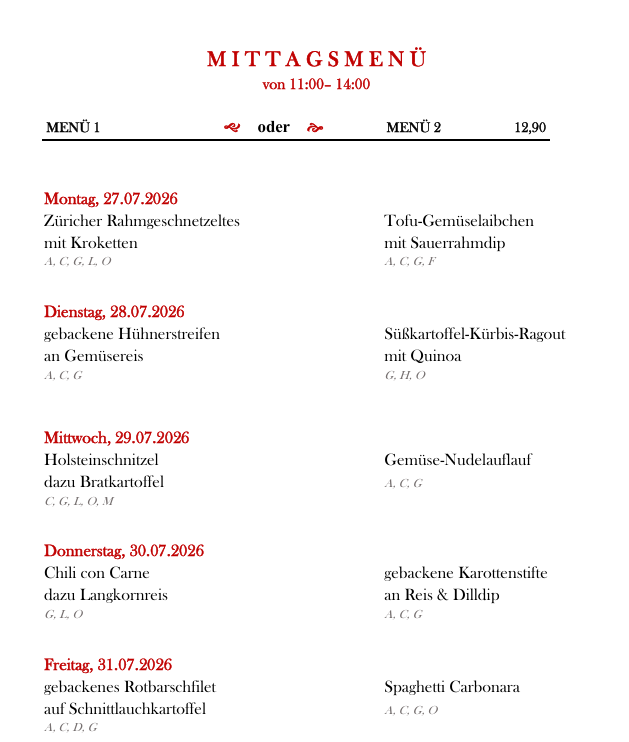 Ein Menü für ein Restaurant zeigt tägliche Spezialitäten vom 27. Juli bis 31. Juli 2026. Jeder Tag listet ein Hauptgericht und eine Beilage mit Preisen.