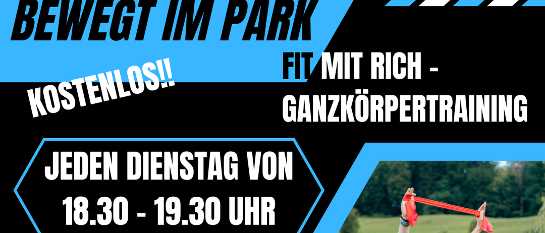 Ein Poster zeigt einen Mann beim Laufen und einen anderen beim Turnen. Es steht: Ganzkörpertraining jeden Dienstag von 18:30-19:30.