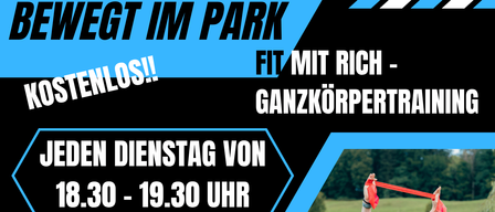 Plakat für ein Ganzkörpertraining jeden Dienstag von 18:30 bis 19:30 Uhr. Ein Mann läuft und ein anderer Mann macht Gymnastik mit Gummibändern.
