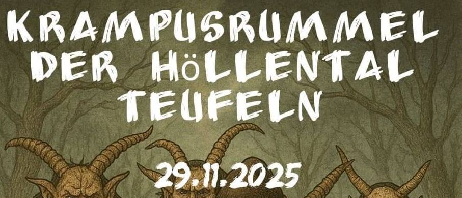 Plakat mit drei gehörnten Figuren auf grünem Hintergrund. Datum: 29.11.2025. Veranstaltung: Nikolaus und Krampuss zum Anfassen um 15:00, Krampuslauf um 19:30, anschließend Aftershowparty.