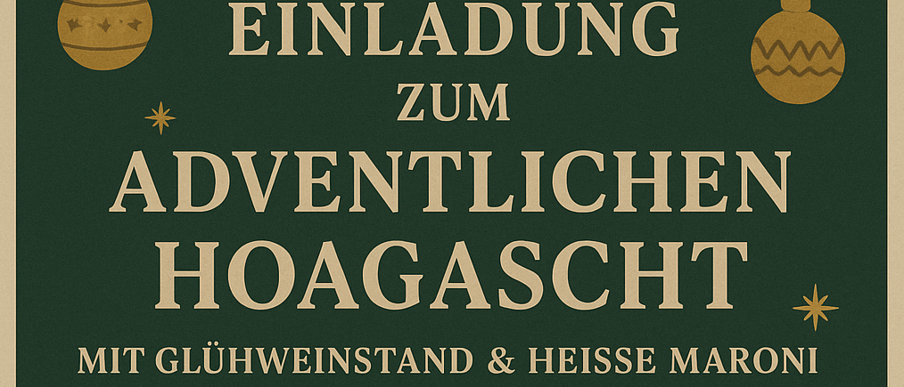 Plakat für Adventlichen Hoagascht-Veranstaltung am 3. Dezember um 13:30 Uhr. Zeigt einen Weihnachtshut, eine Kaffeetasse und eine Wollkugel. Mit Besuch von Nikolaus und seinen Elfen.