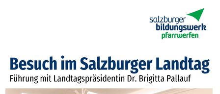 Eine Ankündigung für eine Führung durch das Salzburger Parlament von Dr. Brigitta Pallauf. Das Bild zeigt einen Konferenzraum mit Stühlen und Tischen sowie einem Plakat für die Veranstaltung am 10. Dezember um 18:00 Uhr.
