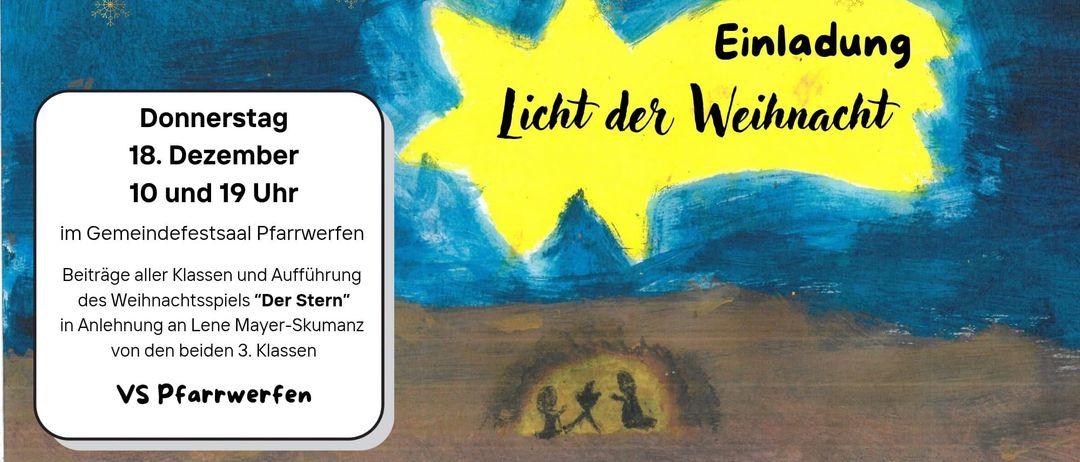 Ein Poster mit blauem und gelbem Hintergrund zeigt einen gelben Stern. Es steht 'Einladung Licht der Weihnacht' mit einem Text in Deutsch darunter. Es ist eine Einladung für einen Weihnachtslichtgottesdienst am Montag, 19. Dezember um 19 Uhr.
