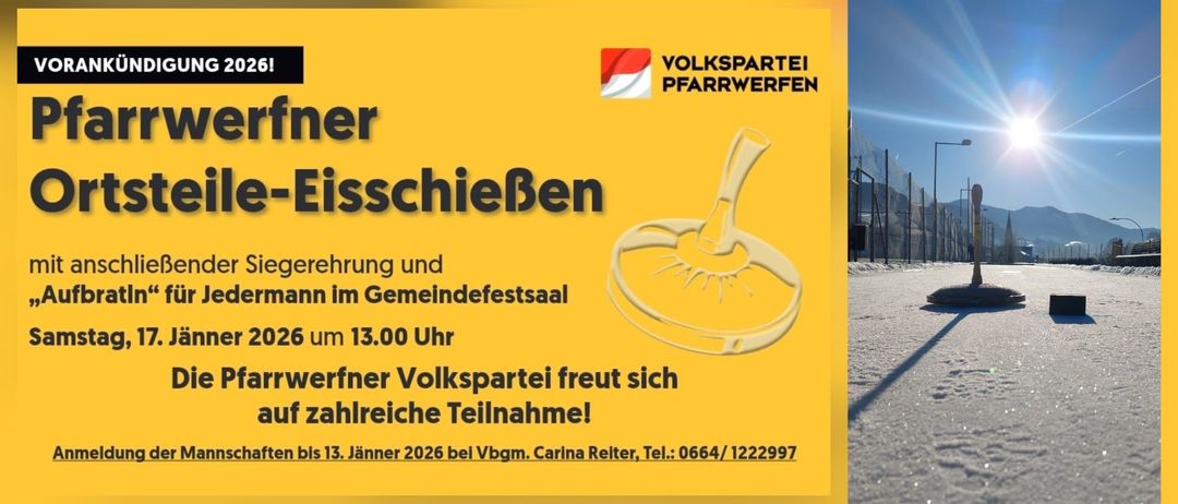Poster mit gelbem Hintergrund, das einen Eisbecher und den Text 'EisschieBer' zeigt. Veranstaltung für 2026 um 13:00 Uhr. Anmeldung bis 13. Januar 2026. Kontakt: Carina Reiter.