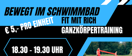 A flyer with a man running and another doing gymnastics. The title reads Ganzkorpertraining. It is priced at 5 Euros per person. The session time is from 18:30 to 19:30.