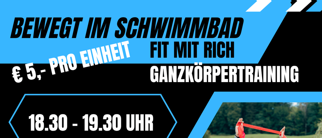 A flyer with a man running and another doing gymnastics. The title reads Ganzkorpertraining. It is priced at 5 Euros per person. The session time is from 18:30 to 19:30.