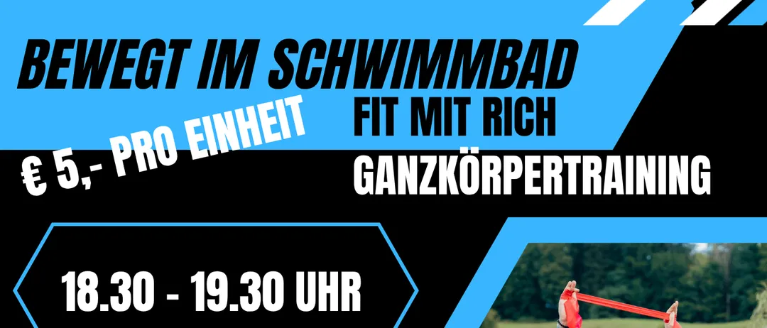 Eine Werbung für Ganzkörpertraining. Ein Mann läuft auf einem Bergweg. Ein anderer Mann hält ein Widerstandsband. Der Preis ist 5 Euro. Die Zeit ist von 18:30 bis 19:30 Uhr.