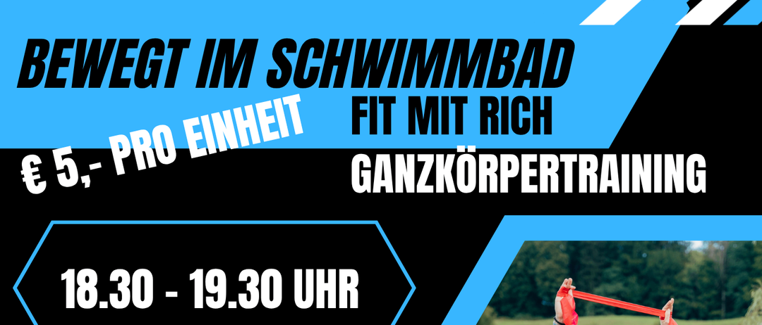 Eine Werbung für Ganzkörpertraining. Ein Mann läuft auf einem Bergweg. Ein anderer Mann hält ein Widerstandsband. Der Preis ist 5 Euro. Die Zeit ist von 18:30 bis 19:30 Uhr.