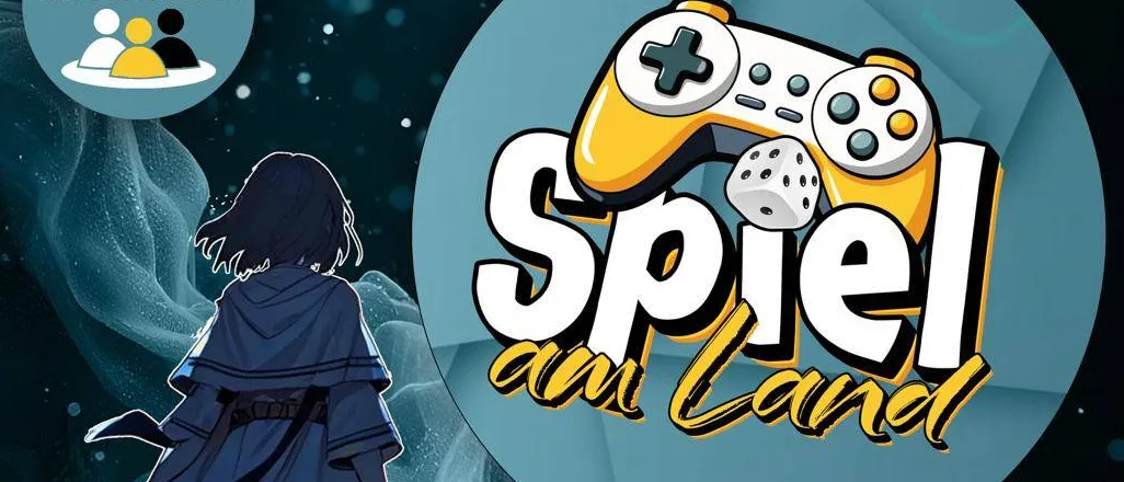 Plakat für Spiel am Land, eine Gaming-Veranstaltung mit Videospielen, Brettspielen und kritischen Diskussionen. Termine: 9. bis 11. Oktober 2026. Zeit: 09:00-18:00. Ort: Festsaal Pfarrwerfen. Mit Präsentationen, Workshops, Gaming- und Retro-Bereichen und Chill-Out-Bereich.