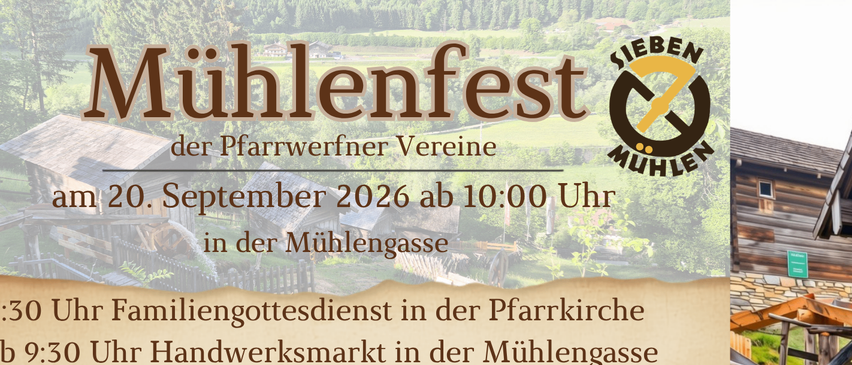 Plakat für das Sieben Mühlen Mühlenfest am 20. September 2026 mit einem Familiengottesdienst, einem Handwerksmarkt und verschiedenen Speisen und Getränken. Die Veranstaltung ist kostenlos und findet nur bei schönem Wetter statt.