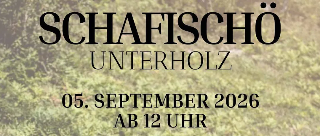 Eine Gruppe von Schafen steht in einem grasigen Feld mit einem verschwommenen Hintergrund. Der Text oben lautet 'Unterholz 05. September 2026 AB 12 UHR'.