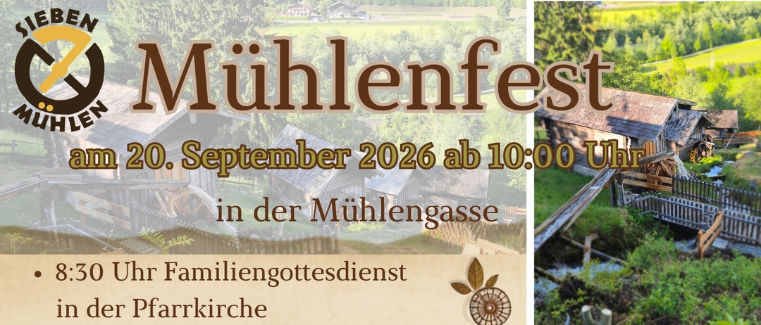 Plakat für eine Familienveranstaltung am 20. September 2026 mit einem Familiengottesdienst, einem Markt und verschiedenen Aktivitäten. Das Plakat zeigt Bilder einer Mühle, einer Kirche und einer malerischen Landschaft. Die Veranstaltung wird von lokalen Organisationen unterstützt.