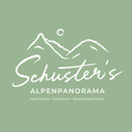 Logo von Schuster's Alpenpanorama mit Bergen auf grünem Hintergrund und Text über Apartments, Restaurant und Bergzimmer.