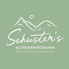 Logo von Schuster's Alpenpanorama mit Bergen auf grünem Hintergrund und Text über Apartments, Restaurant und Bergzimmer.