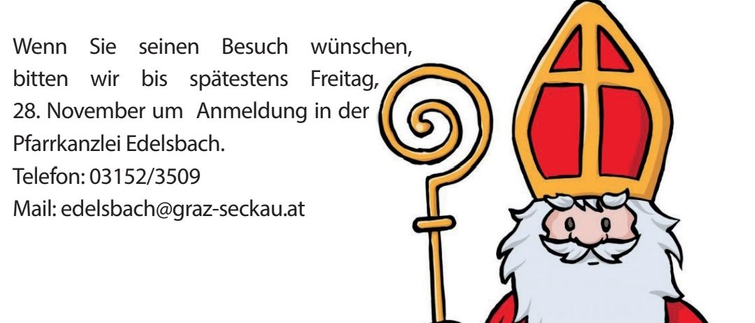Postkarte mit einer Illustration von St. Nikolaus, der einen Stab und ein Buch hält. Der Text lautet 'Nikolaus-Rundgang! Freitag, 05. Dezember ab 17:00 Uhr Hausbesuchsaktion.' Details umfassen eine Telefonnummer und E-Mail für die Anmeldung.