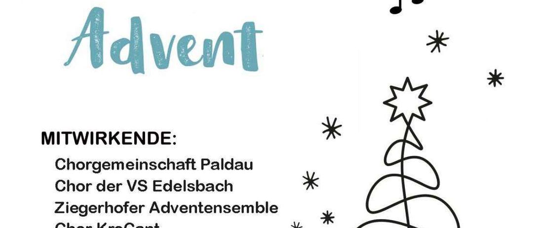Plakat für Edelsbacher Advent-Veranstaltung am 6. Dezember 2025 mit einer Weihnachtsbaumzeichnung, Musiknoten und einer Tasse Kaffee. Es listet teilnehmende Chöre und ein abschließendes Treffen auf.
