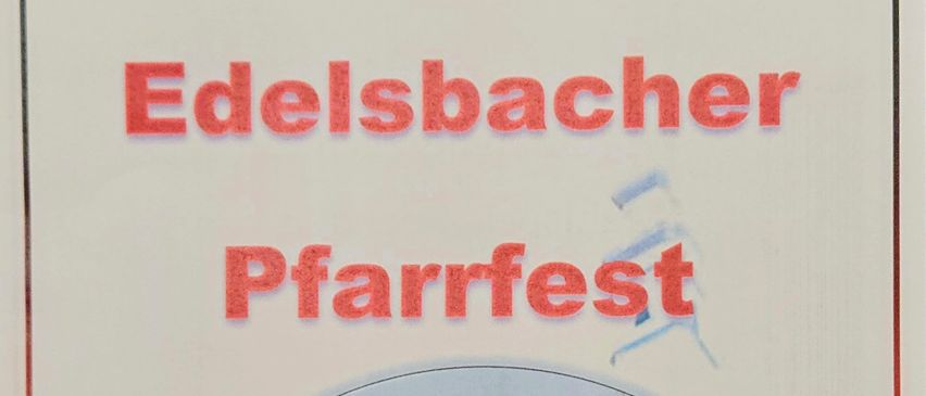 Plakat für Pfarrfest, zeigt eine Kirche mit Turm, Kuppel und Uhr, umgeben von Bäumen und klarem Himmel. Datum: 26. Juli 2020.