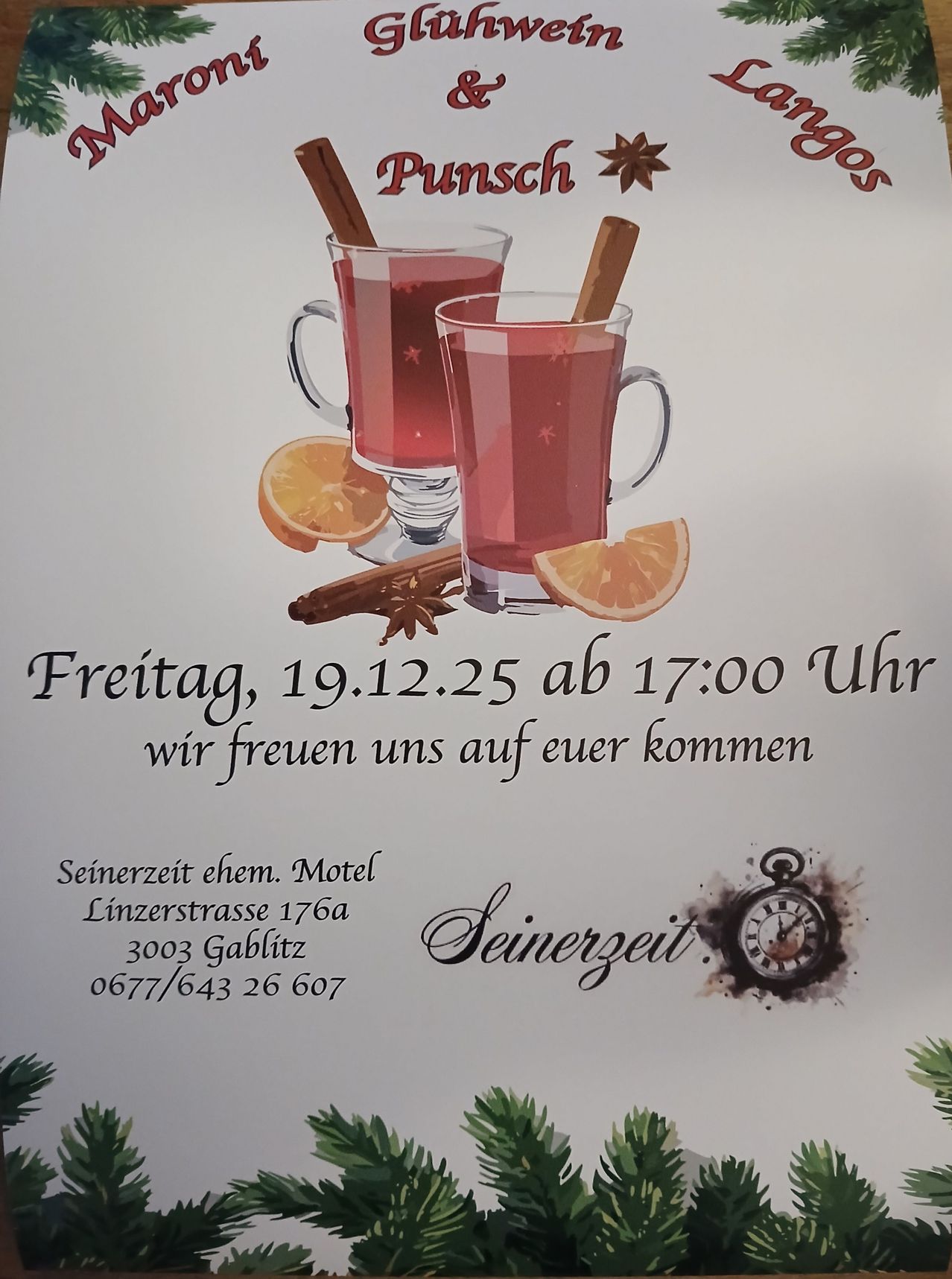 Eine Werbung für 'Punsch' mit zwei Gläsern roten Getränks, Orangenscheiben und Zimtstangen. Das Datum und die Uhrzeit sind Freitag, 19.12.25 ab 17:00 Uhr. Ort: Linzerstrasse 176a, 3003 Gablitz, Telefonnummer 0677/643 26 607.