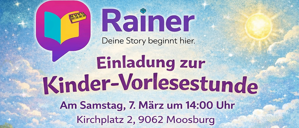 Eine Einladung zur Kinder-Vorlesestunde am Samstag, 7. März um 14:00 Uhr auf dem Kirchplatz 2, 9062 Moosburg. Sie lesen aus dem Buch 'Hase Hibikus und die Oster-Kleckserei'. Eine fröhliche Frühlingsgeschichte voller Farben, kleiner Missgeschicke und ganz viel Oster-Spaß! Dauer: ca. 20 Minuten. Kosten: keine Anmeldung nötig – einfach vorbeikommen! Alle Kinder sind herzlich willkommen – egal ob klein oder groß, kommt vorbei und lauscht der Geschichte!