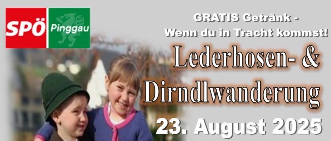 Zwei Kinder stehen auf einer Straße mit einer Karte und Schuhen im Vordergrund. Der Text lautet 'Dirndlwanderung' und '23. August 2025'. Startzeit ist 13:00, Ende im Hof-Gasthaus Prenner.